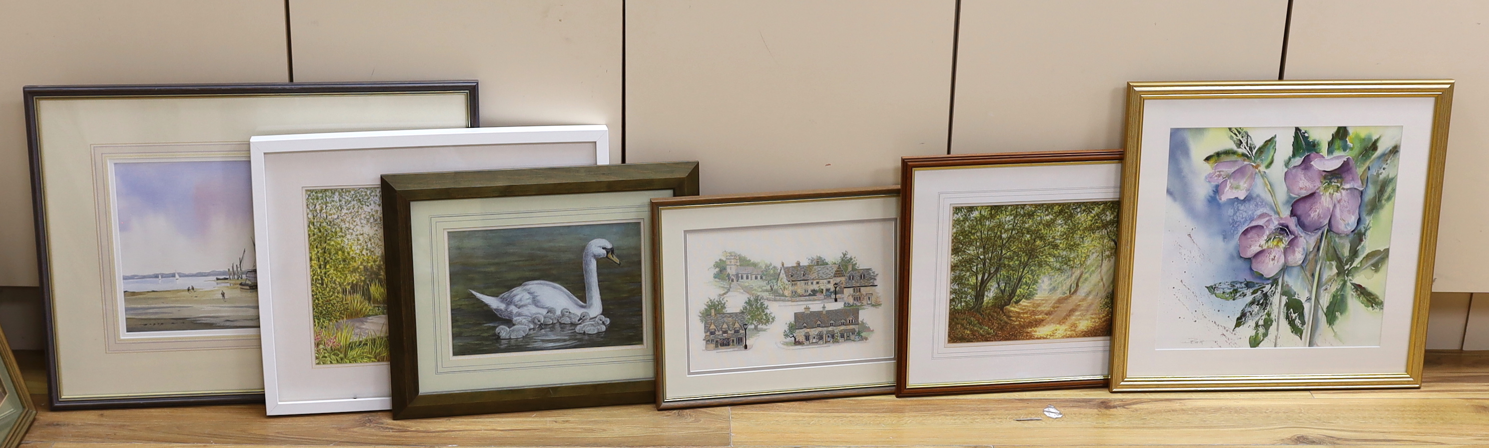 Five various pictures including a pastel and watercolour by Yvonne Wemyss, Still life of flowers, together with an embroidery of Cotswold Villages, largest 42 x 26cm